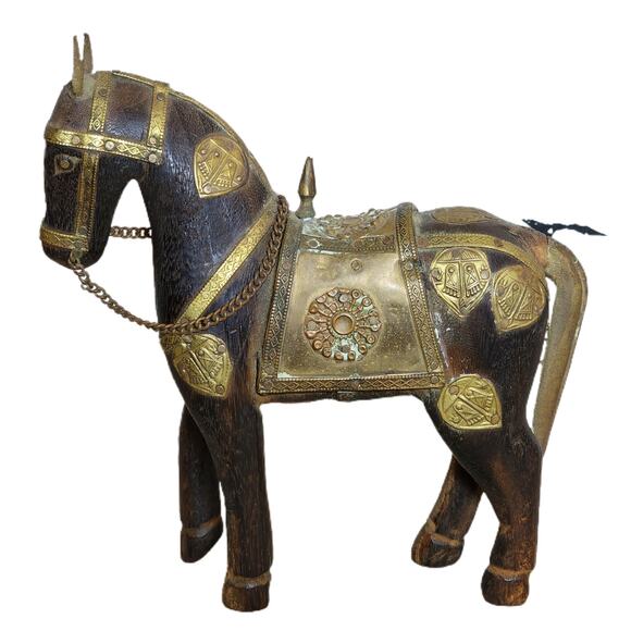 Vintage Hand Carved Marwari War Horse Figurine - Brass Armored Metal Detail - Picture 1 of 10